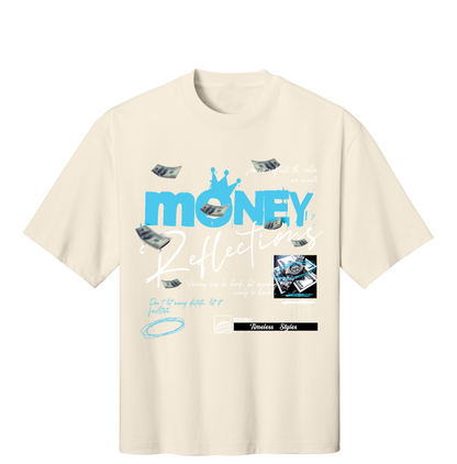 Beige t-shirt with blue graphic design on a white background