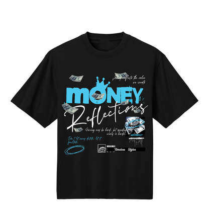 Black t-shirt with blue and white graphic design on a white background