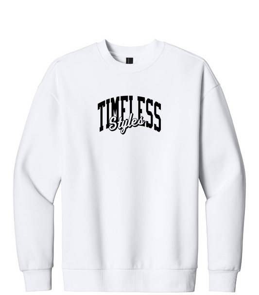 White sweatshirt with 'Timeless Styles' and 'Certified Hustler' text on a white background