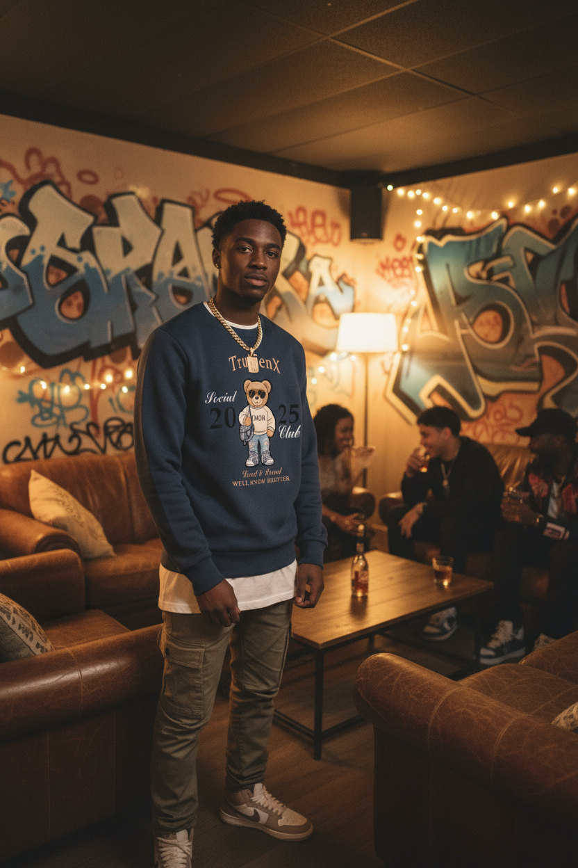 Man wearing a blue sweatshirt with a graphic design in a room with graffiti walls and people sitting on couches.