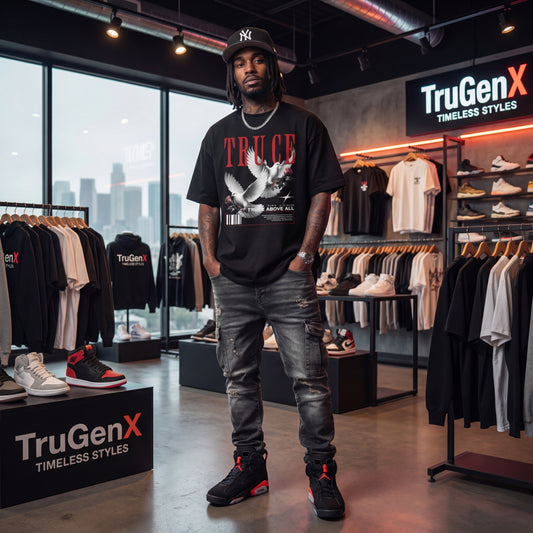 Man wearing a black t-shirt with 'TRUCE' design in a clothing store with 'TruGenX' branding.