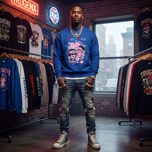 Blue Cartoon Bonnie & Clyde Crewneck Sweater – Bold Streetwear Statement