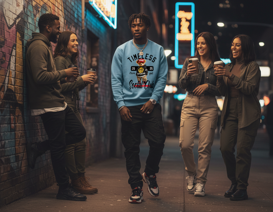 Group of people standing in a neon-lit alleyway.