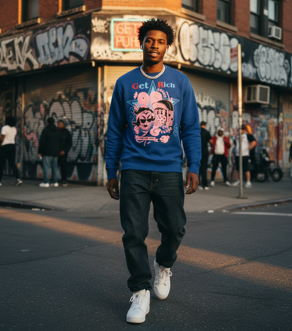 Man wearing a blue sweatshirt with colorful graphics walking on a street with graffiti-covered buildings.
