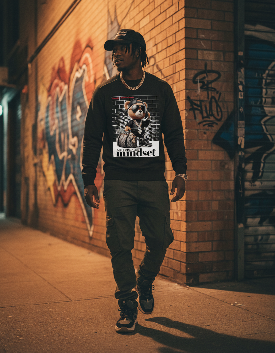 Person wearing a sweatshirt with a graphic design in an urban setting with graffiti.