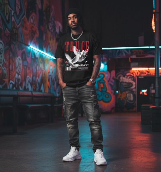Man wearing a black t-shirt with 'TRUCE' and graphic design, standing in a graffiti-laden urban setting.