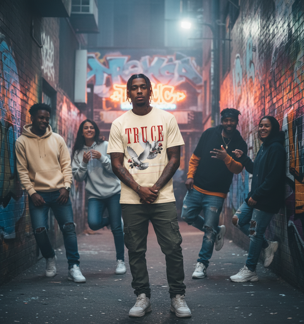 Group of young people standing in a graffiti-covered alleyway