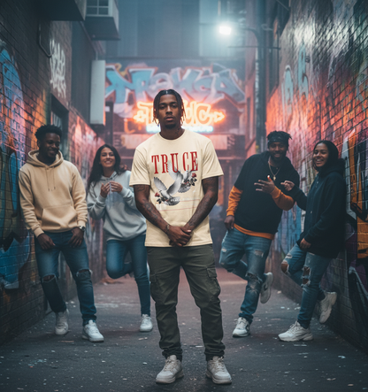 Group of young people standing in a graffiti-covered alleyway