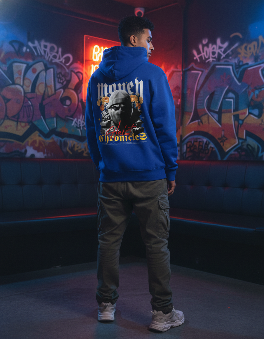 Person wearing a blue hoodie with graphic design in a graffiti-laden room