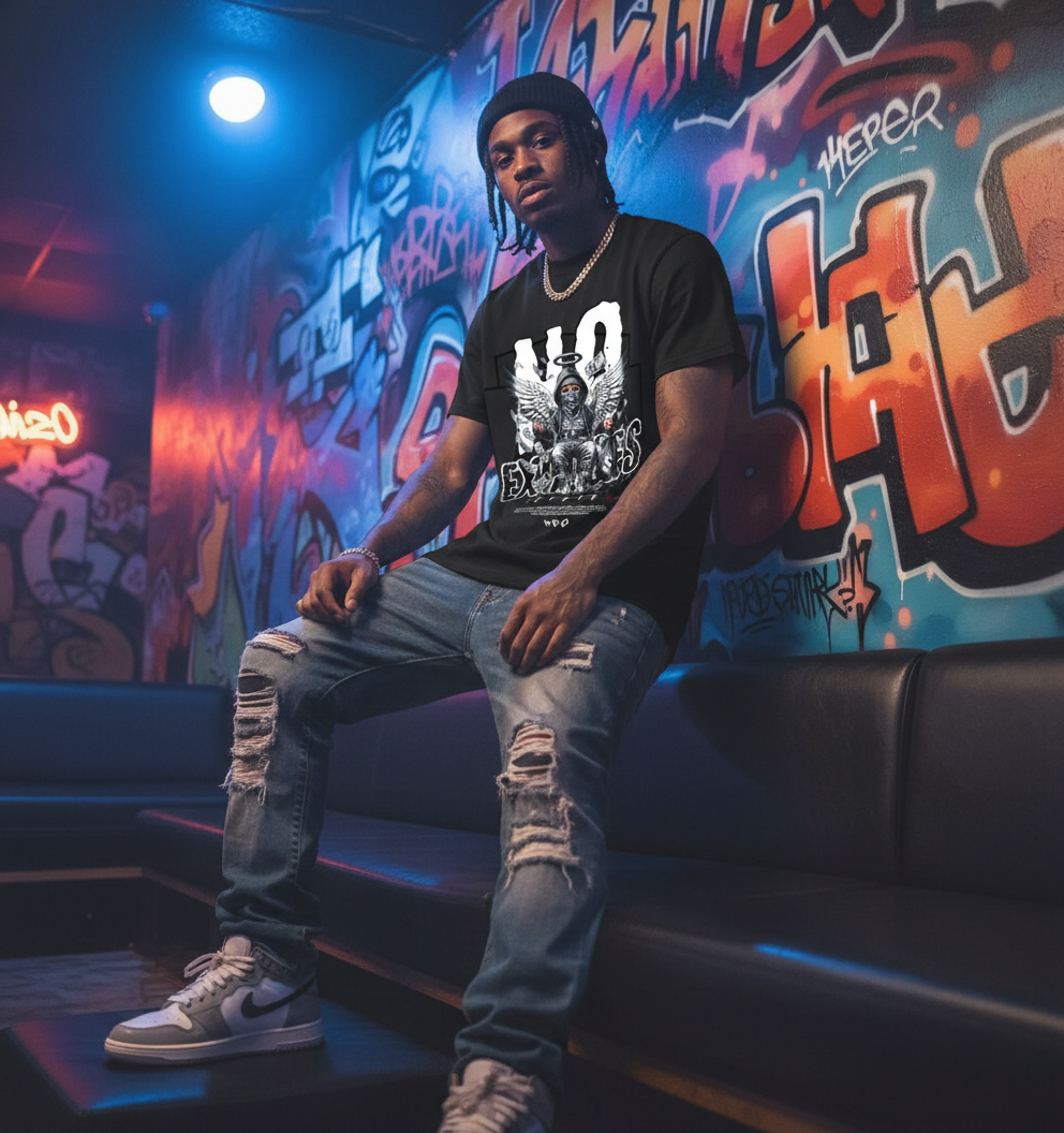 Person sitting on a couch in front of a graffiti wall