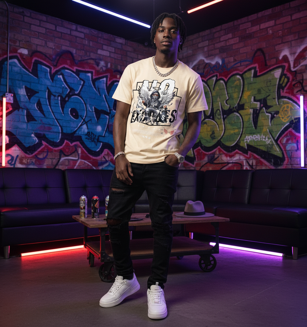 Person wearing a beige t-shirt with graphic design in a room with graffiti on the wall.
