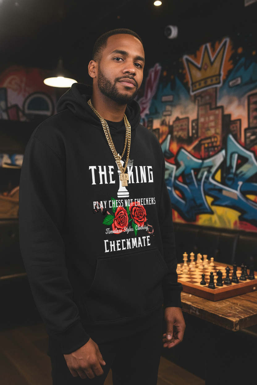Man wearing a black hoodie with text and graphics, standing in front of a colorful mural.