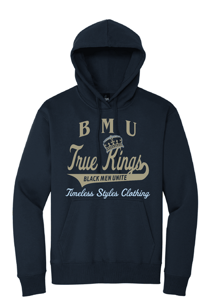 A navy blue BMU premium hoodie with a hood, featuring text 'BMU True Kings' and 'Timeless Styles Clothing' on the front.