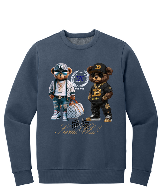 Navy sweatshirt with graphic of two bears wearing hats and clothes, with 'Social Club' text.