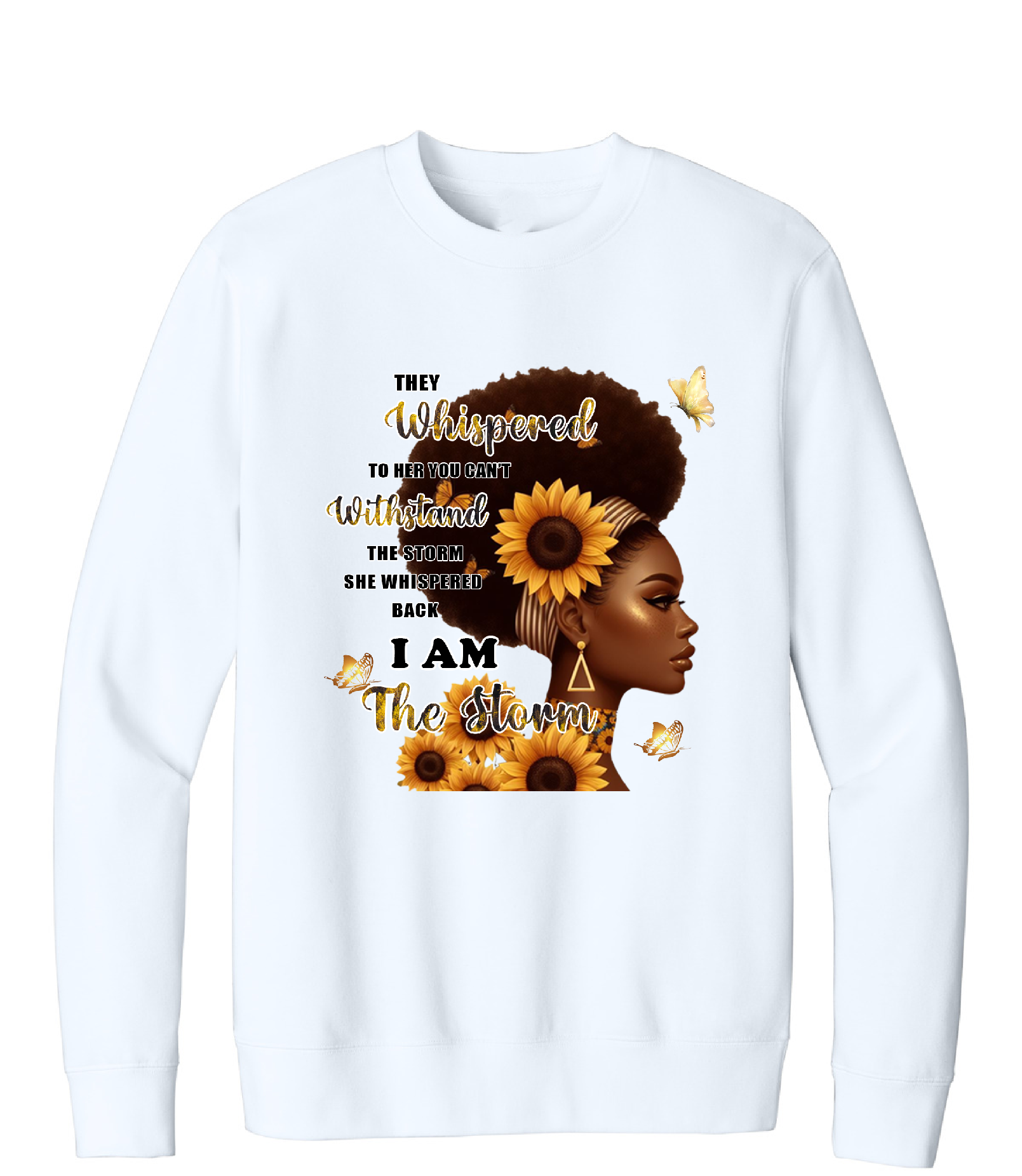 White sweatshirt with a graphic of a woman with a sunflower and text on a white background